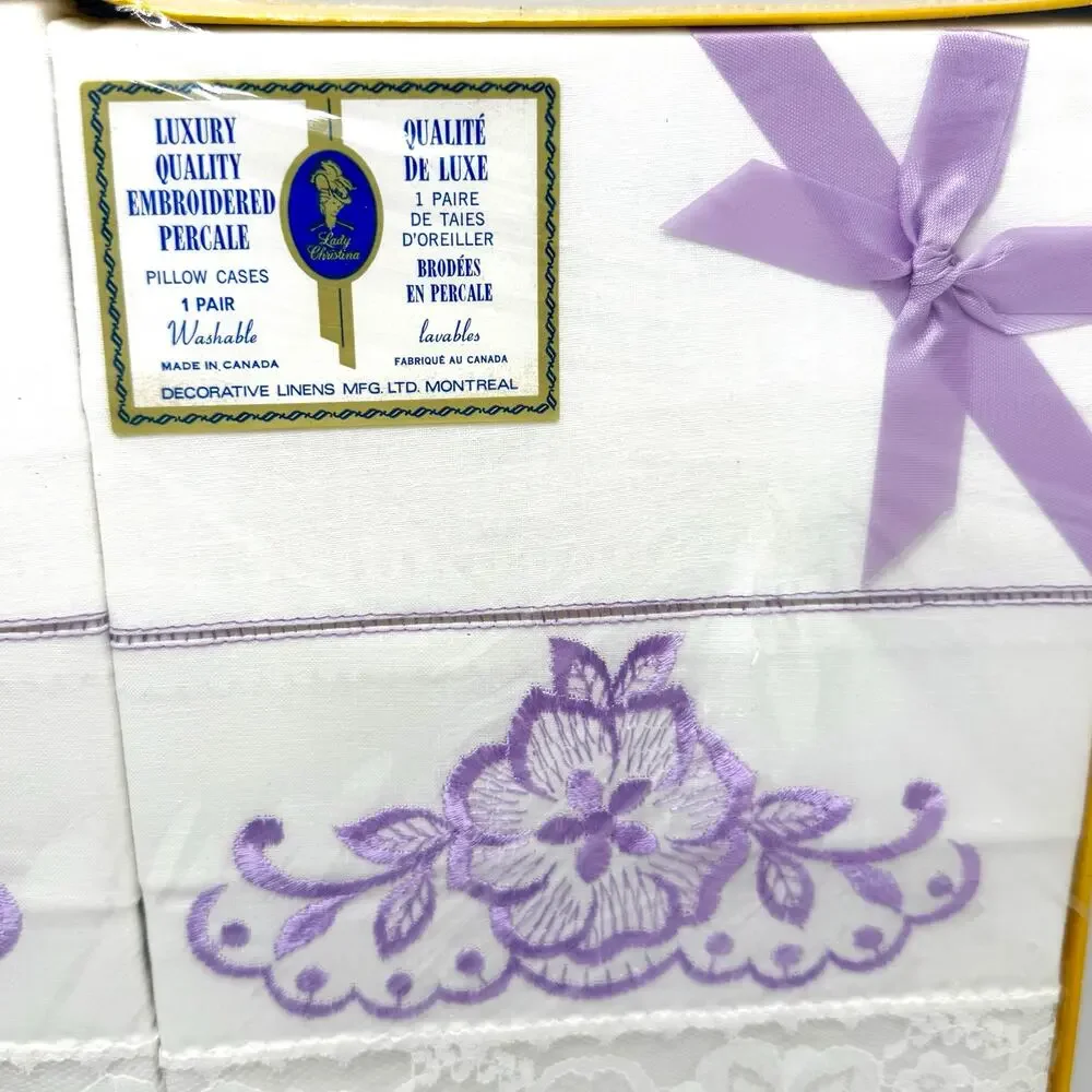 2 Vintage Lady Christina Embroidered Pillowcases Percale Purple Flowers Lace